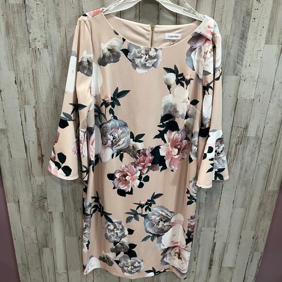 Calvin Klein Pink Floral Bell Sleeve Sheath Dress Womens Size 18 Office Church - Picture 1 of 8